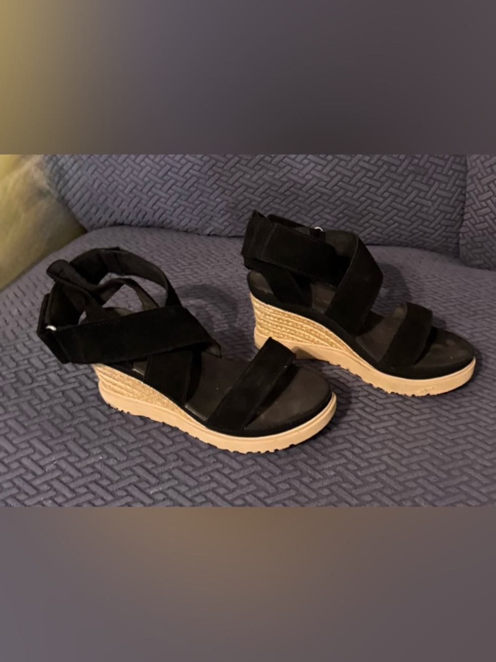 UGG Black Suede Espadrille Wedge Sandals with Tan Platform
